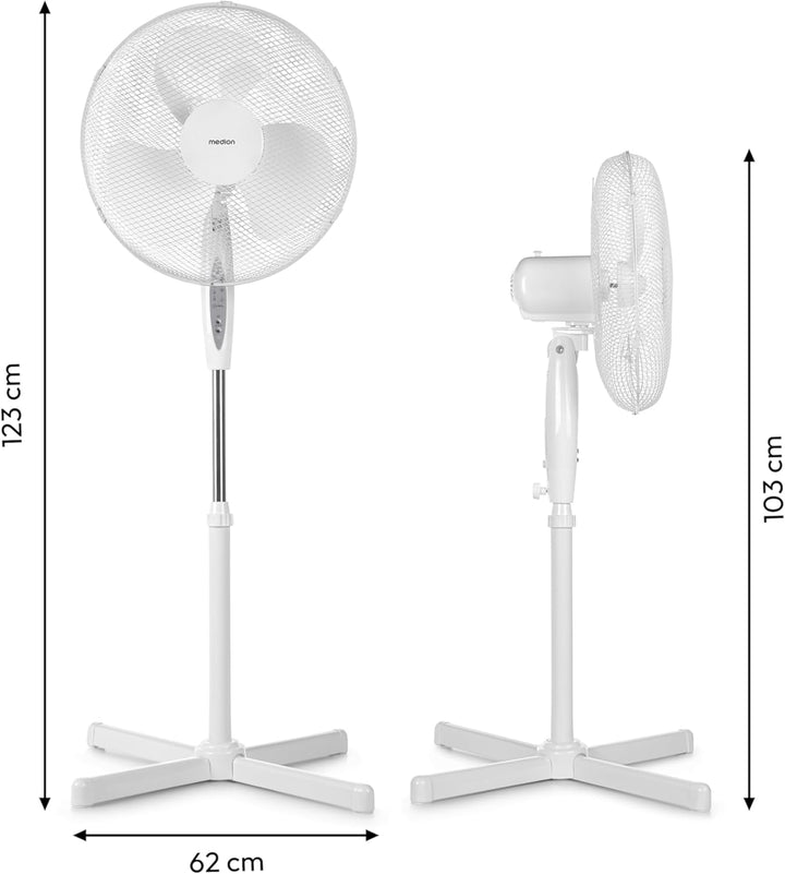MEDION Standventilator mit Fernbedienung, drei Geschwindigkeitsstufen, 45 Watt Leistung, 36 cm, Schw