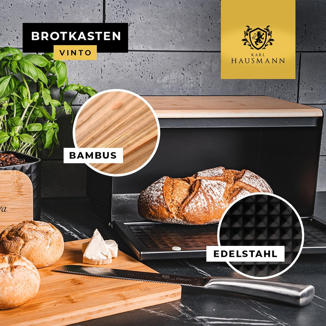 KARL HAUSMANN Brotkasten Metall Grau mit Bambus Deckel - Hält Brot länger frisch | Grosse Brotbox zu