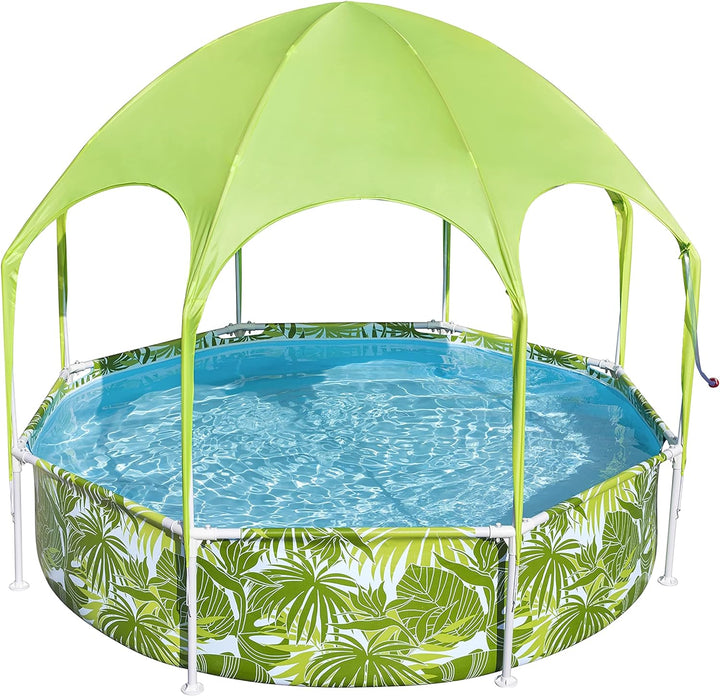 Bestway Steel Pro Frame Pool mit Sonnenschutzdach "Splash-in-Shade" ohne Pumpe Ø 244 x 51 cm, buntes