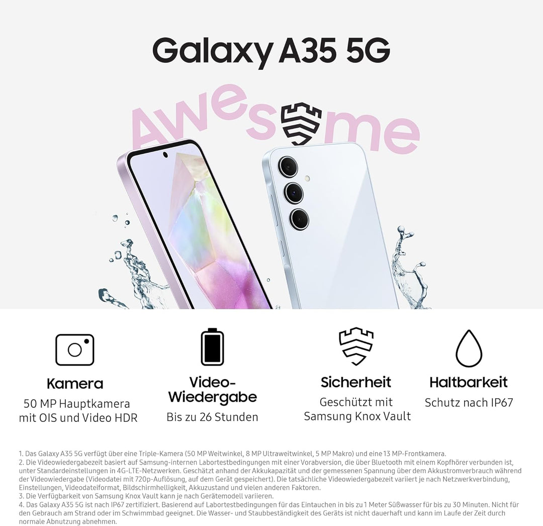 Samsung Galaxy A35 5G Smartphone, Android-Handy ohne Vertrag, 256 GB / 8 GB RAM, 2 Tage Akkulaufzeit