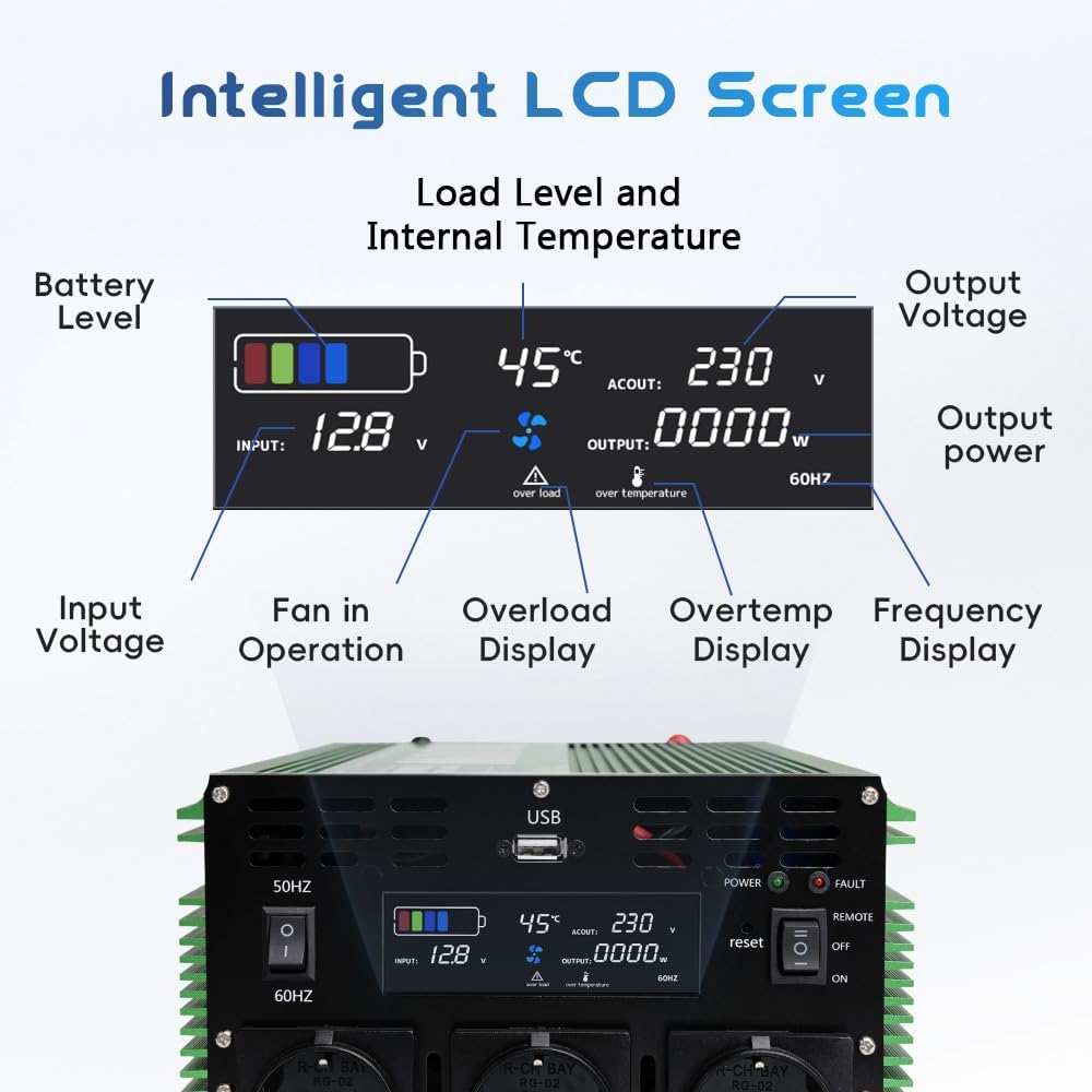 Yinleader 3000W Reine Sinus Wechselrichter DC 12V auf 230V AC Big LCD Display 3 EU Steckdosen und US