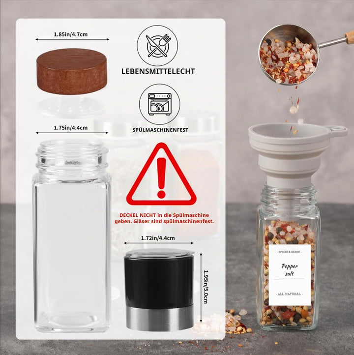 FRIBERG Gewürzgläser Eckig Set 20er,Gewürzstreuer Glas mit Holzdeckel 120ml,mit 2 gewürzmühle zur La
