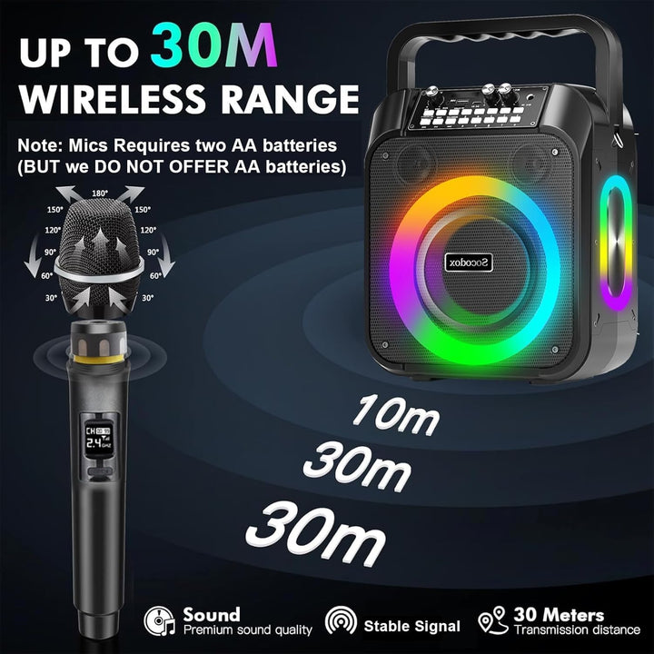 Karaoke Maschine,30W Tragbare Bluetooth Lautsprecher mit 2 Drahtlosen Mikrofon,6000mAh Akku 8H Spiel