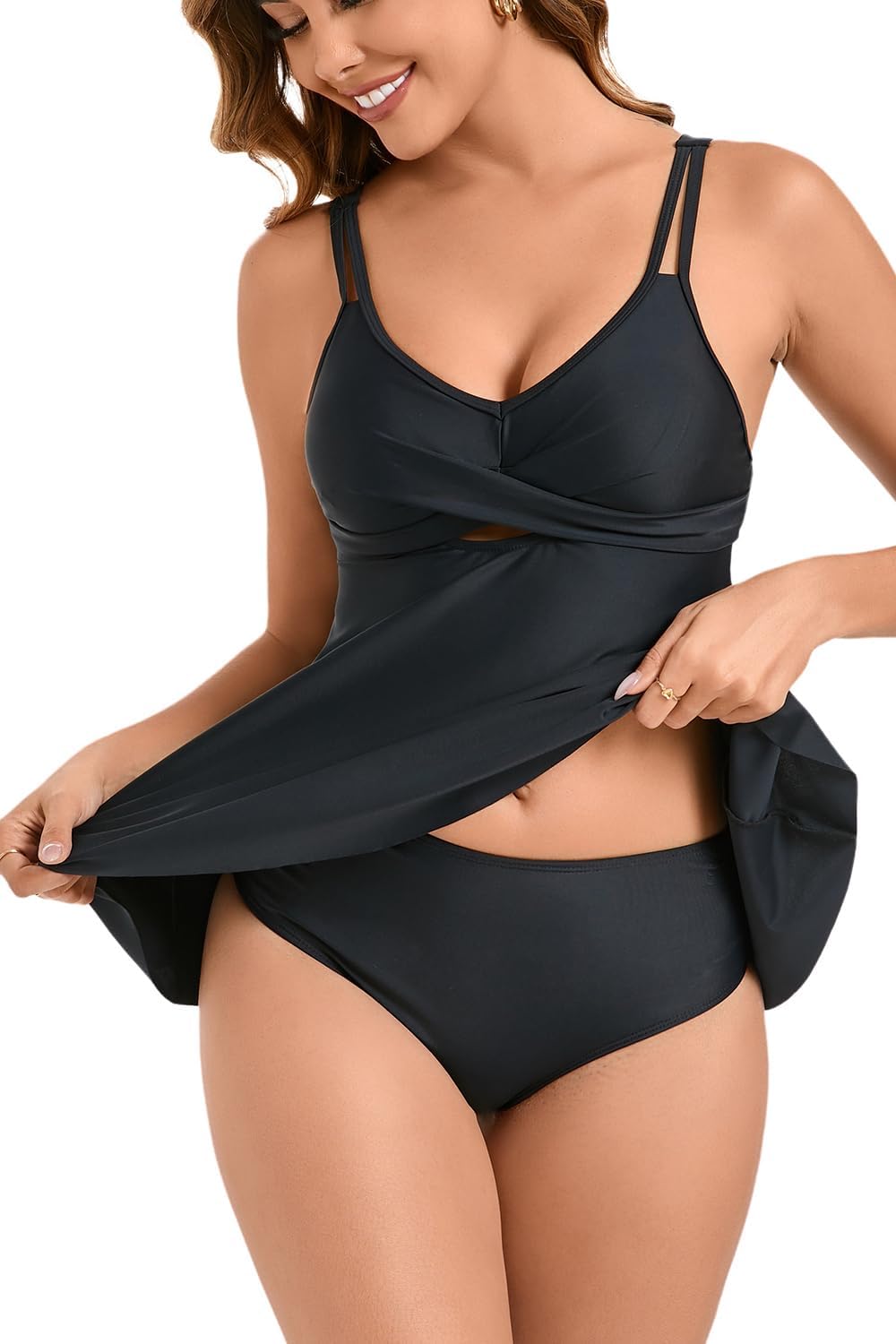VILOREE Damen Tankini Set Figuroptimizer Zweiteilig Blumen Bademode Mit Hotpants M Schwarz-2 (N96),