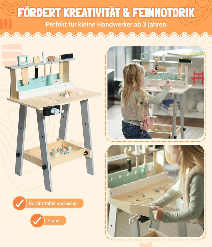 Bayer Chic 2000 278 30 Kinder-Werkbank aus Holz mit Werkzeug und Zubehör, Werkzeugbank, bunt