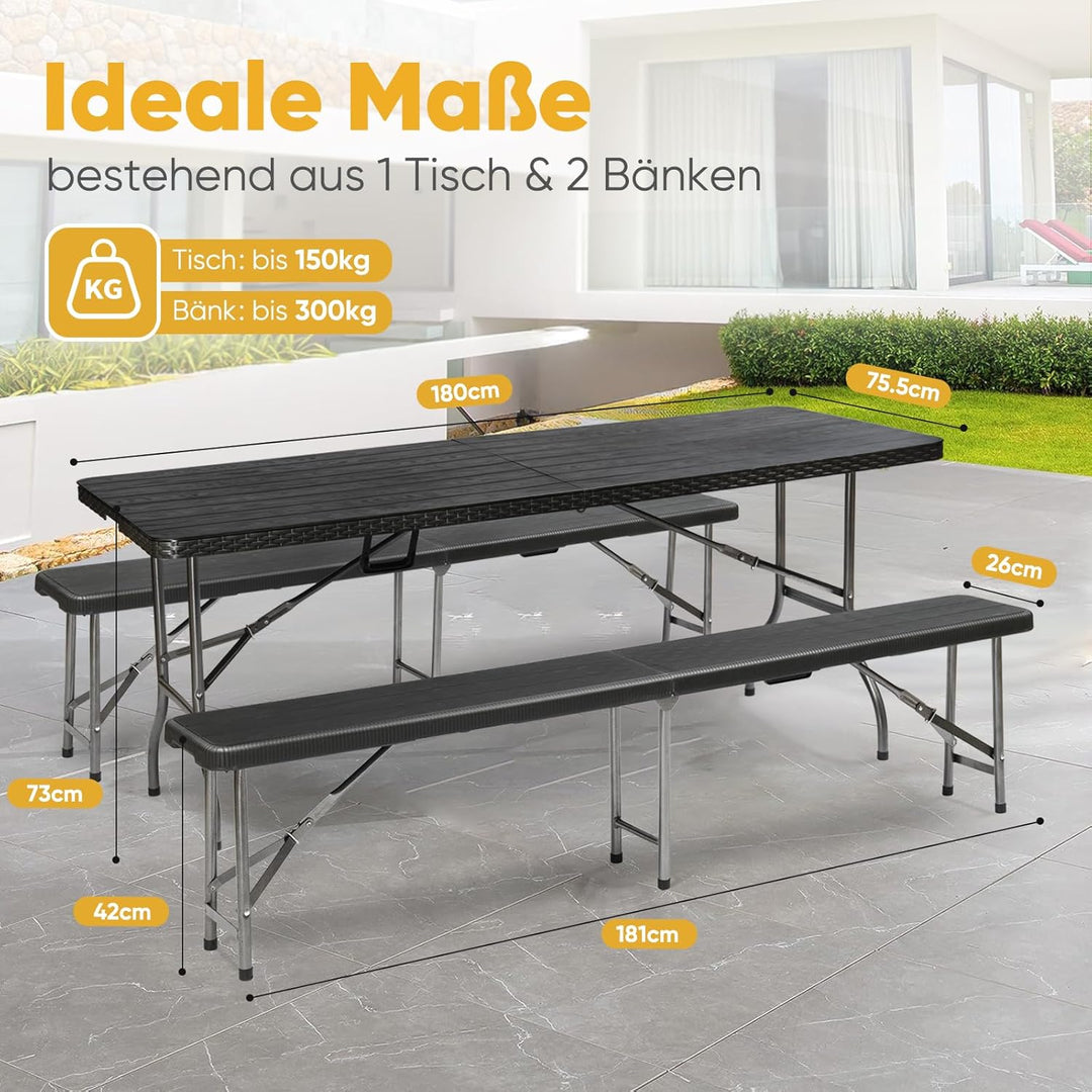 Sekey Bierzeltgarnitur Klappbar Campingtisch Set, 2 x Bierbänke & 1 x Biertisch, 180cm Biertischgarn