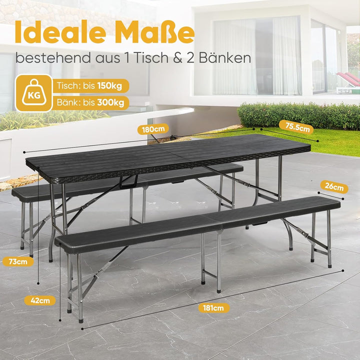 Sekey Bierzeltgarnitur Klappbar Campingtisch Set, 2 x Bierbänke & 1 x Biertisch, 180cm Biertischgarn