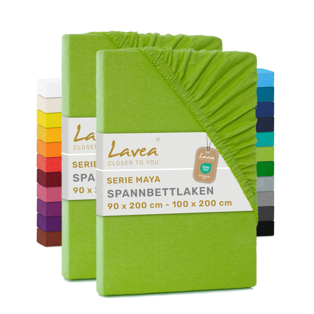 Lavea 2er Set Spannbettlaken, Doppelpack Spannbetttuch, Serie Maya, 90x200cm | 100x200cm, Apfelgrün,