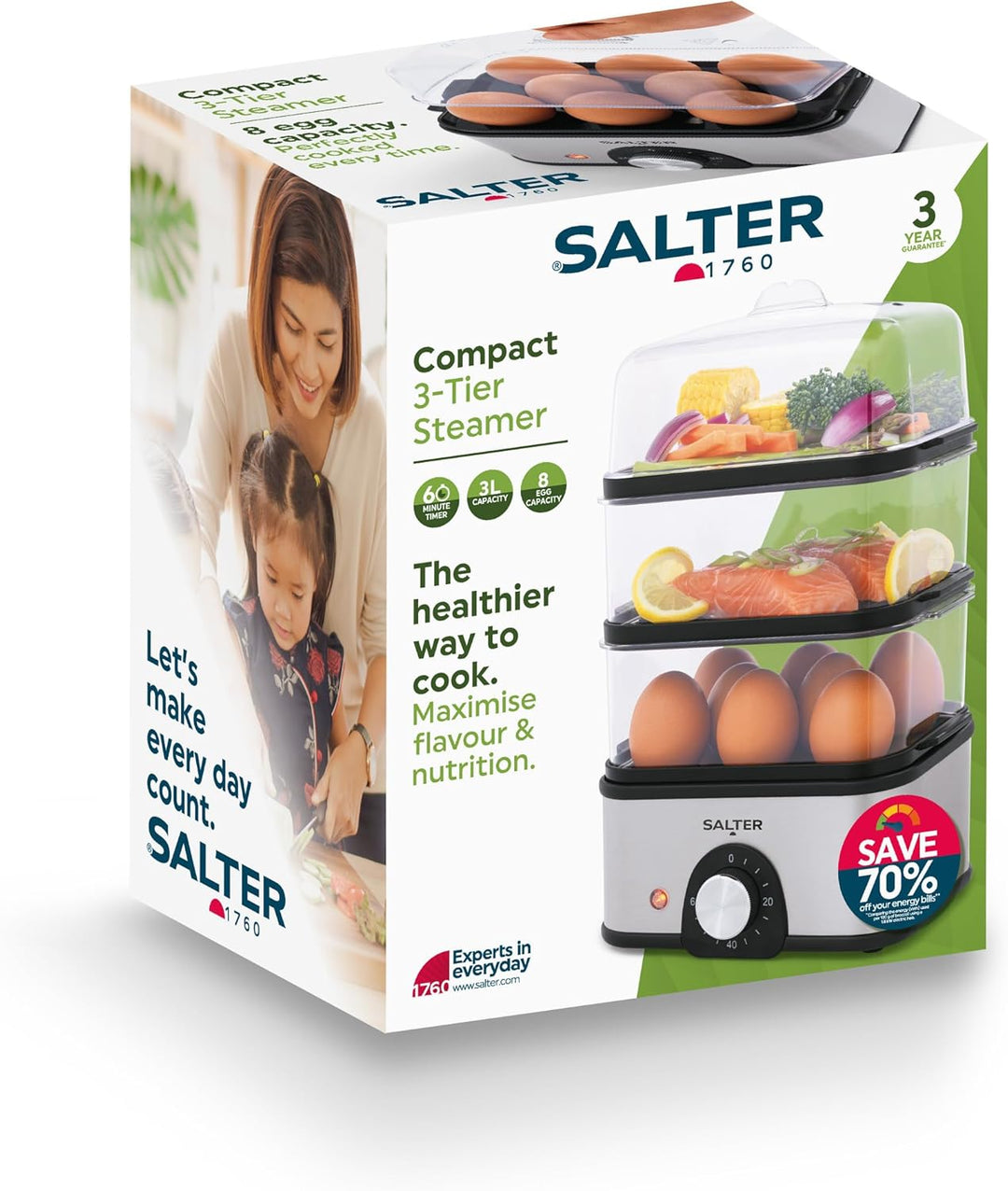 Salter Kompakter 3-stufiger Dampfgarer – Multikocher, 3 Dampfkörbe, Elektrischer Eierkocher, Kapazit