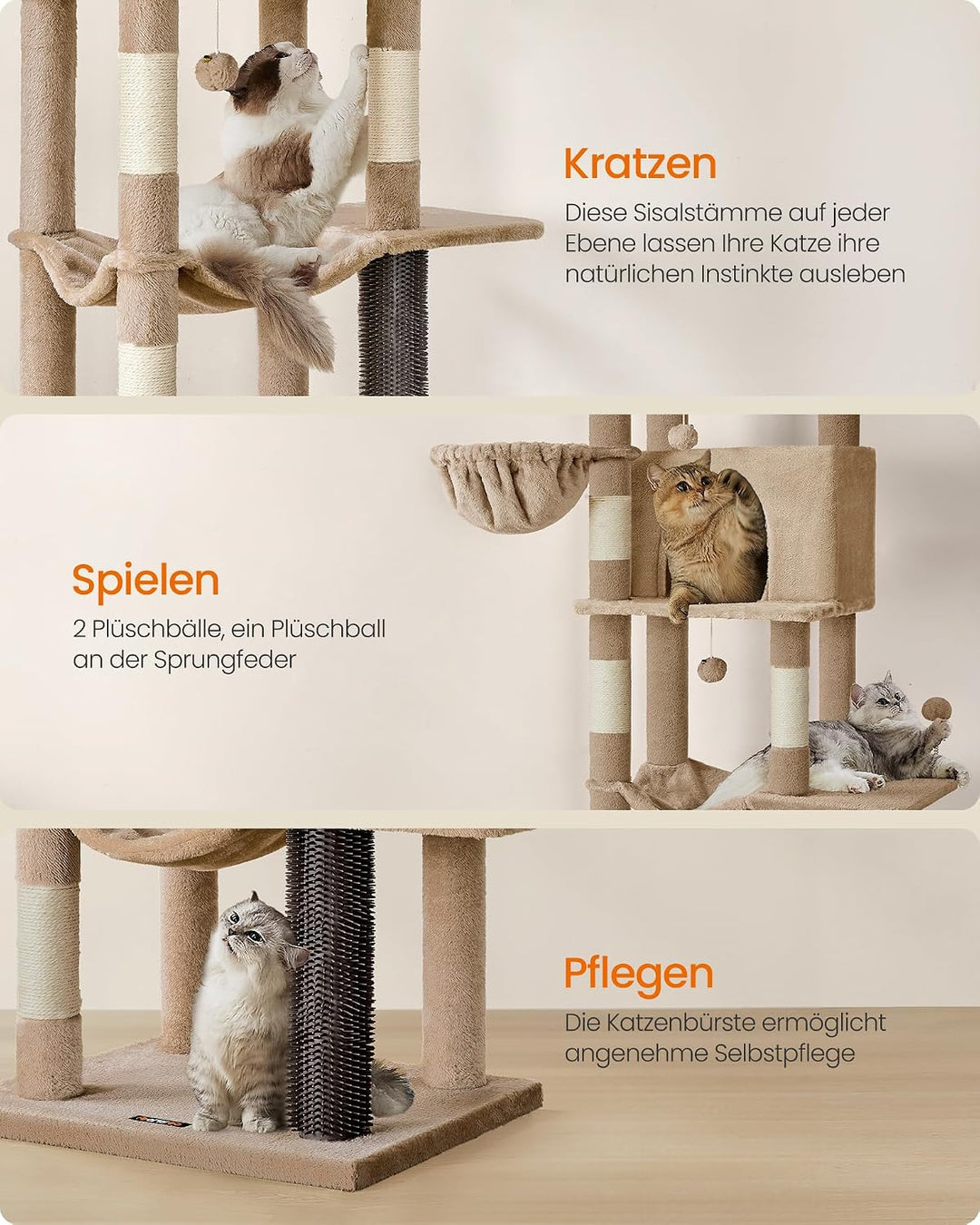 Feandrea Kratzbaum, 175 cm hoch, XL, mehrstöckiger Katzenbaum mit 2 Höhlen, 2 Liegemulden, 5 Kratzsä