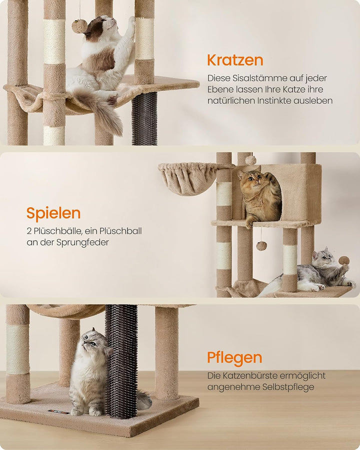 Feandrea Kratzbaum, 175 cm hoch, XL, mehrstöckiger Katzenbaum mit 2 Höhlen, 2 Liegemulden, 5 Kratzsä