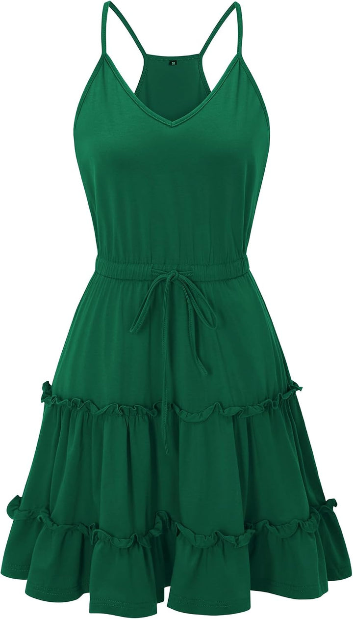 Newshows Sommerkleid Damen Knielang Spaghettiträger Kleid V-Ausschnitt Strandkleider S Dunkelgrün, S