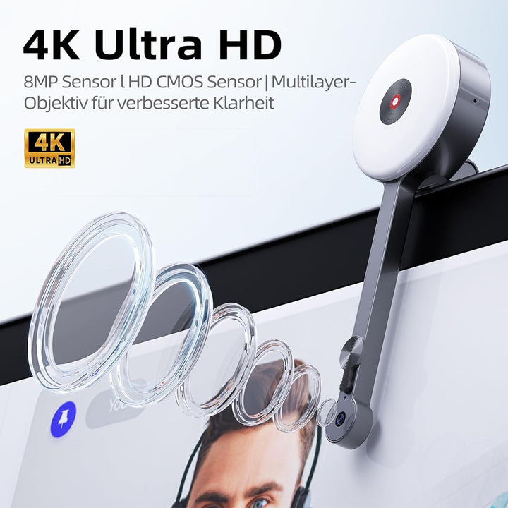 POHO O1 Webcam 4K mit physischer Abdeckung, Mikrofon & Beleuchtung | Dunkelheit Kompensation | Autof
