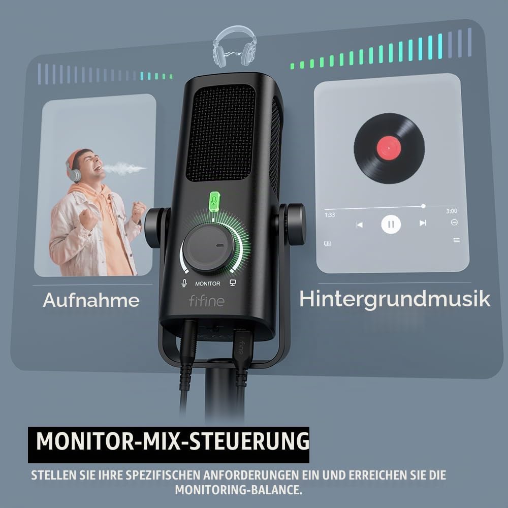 FIFINE Low-Cut Mikrofon Profile3, USB-Kondensatormikrofon mit Monitor-Mix-Lautstärkeregelung für Stu
