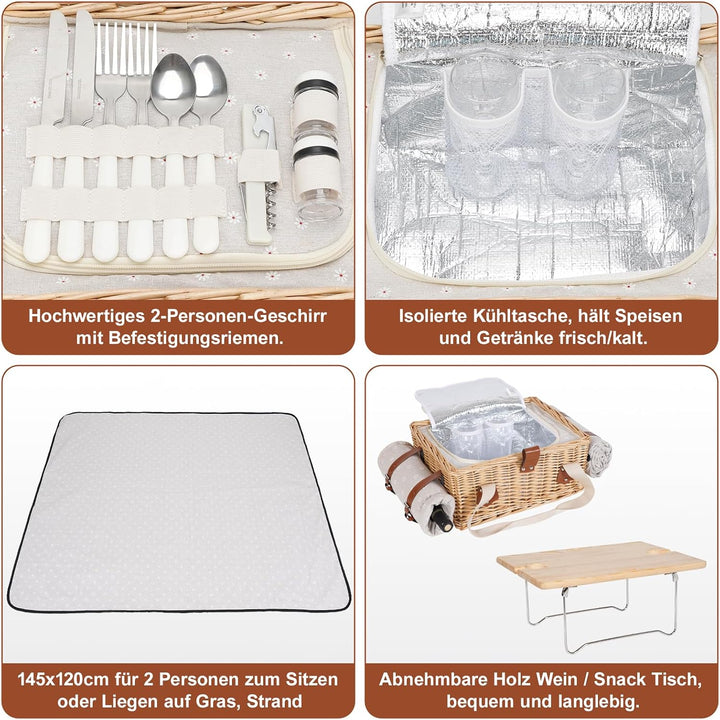 Picknickkorb-Set mit Mini-Klapptisch und Besteck-Set, Picknickkorb für 4 Personen mit kühltaschen, F