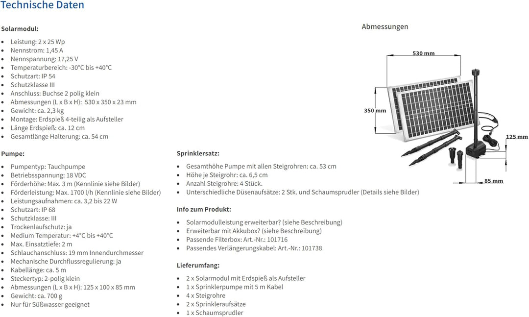 Solar Teichpumpe 50 Watt Solarmodul 1750 l/h Förderleistung 3,0 m Förderhöhe esotec Professional Pro