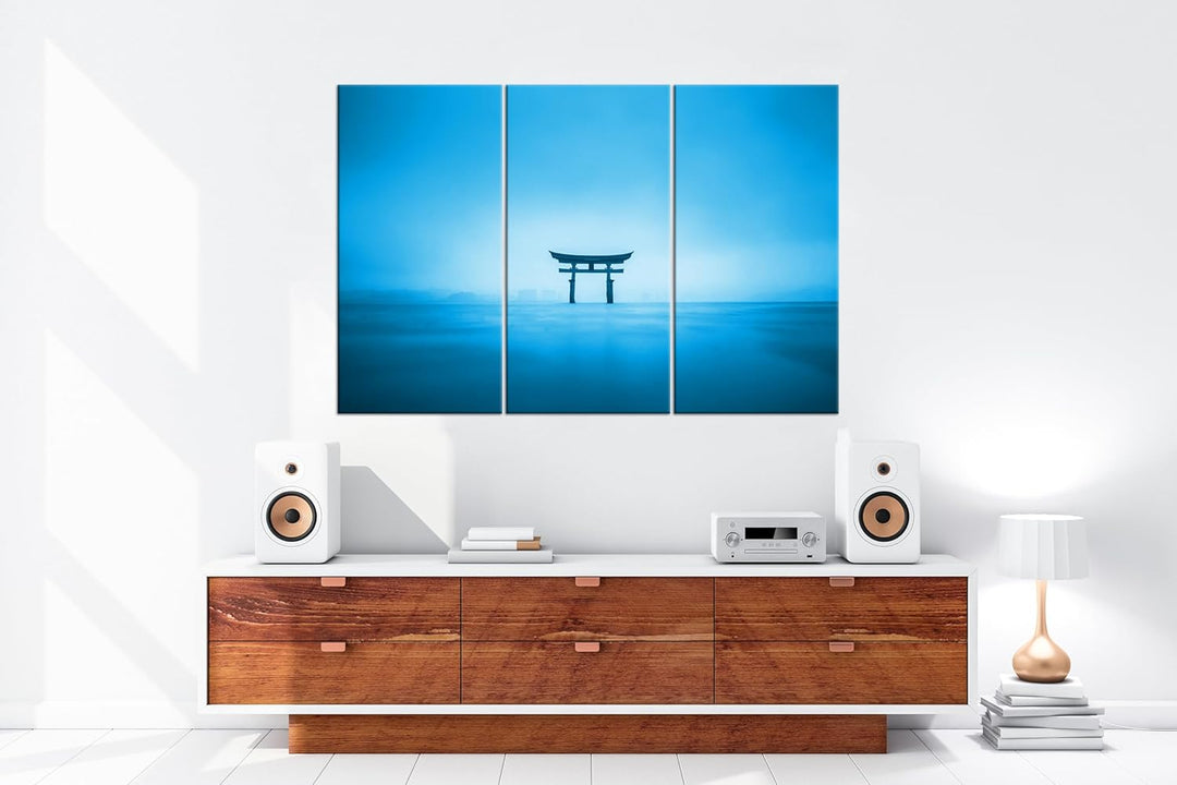 deyoli Schrein in Japan am Meer Format: 120x80 cm (3Teilig) Effekt: Monocrome Blau als Leinwandbild,