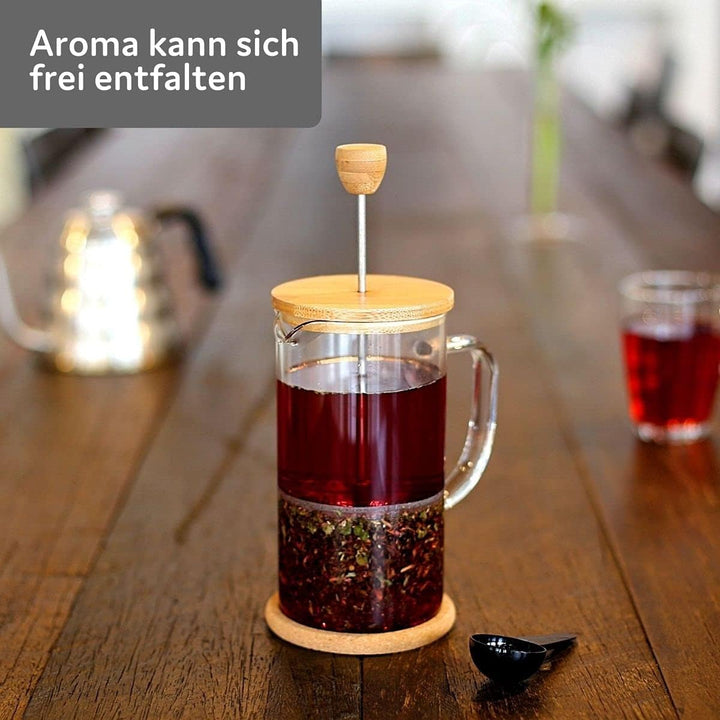 Buntfink French Press 1 Liter Glas – Kaffeebereiter mit Edelstahl-Filter & Bambus-Deckel – mit je 2
