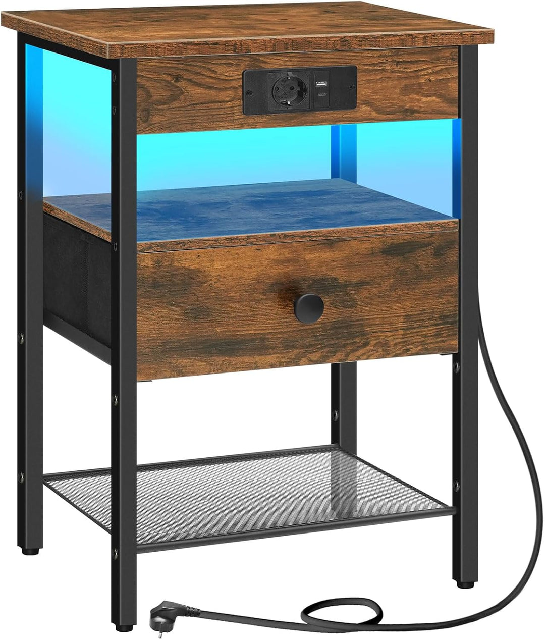 HOOBRO Nachttisch mit Ladestation und LED-Lichtleiste, schmaler Beistelltisch mit Schublade, Sofatis