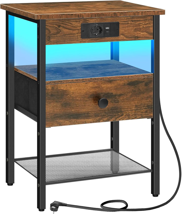 HOOBRO Nachttisch mit Ladestation und LED-Lichtleiste, schmaler Beistelltisch mit Schublade, Sofatis