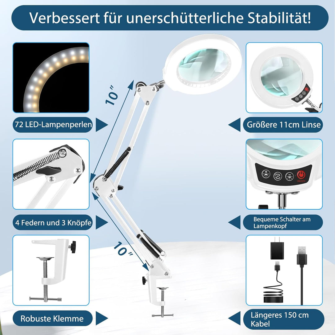 10X Lupe mit Licht und Klemme, LED Lupenlampe mit Glaslinse, 5 Farbmodi Stufenlosem Dimmen, Lupe mit