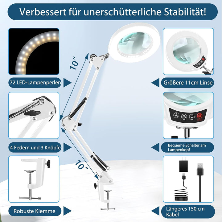 10X Lupe mit Licht und Klemme, LED Lupenlampe mit Glaslinse, 5 Farbmodi Stufenlosem Dimmen, Lupe mit