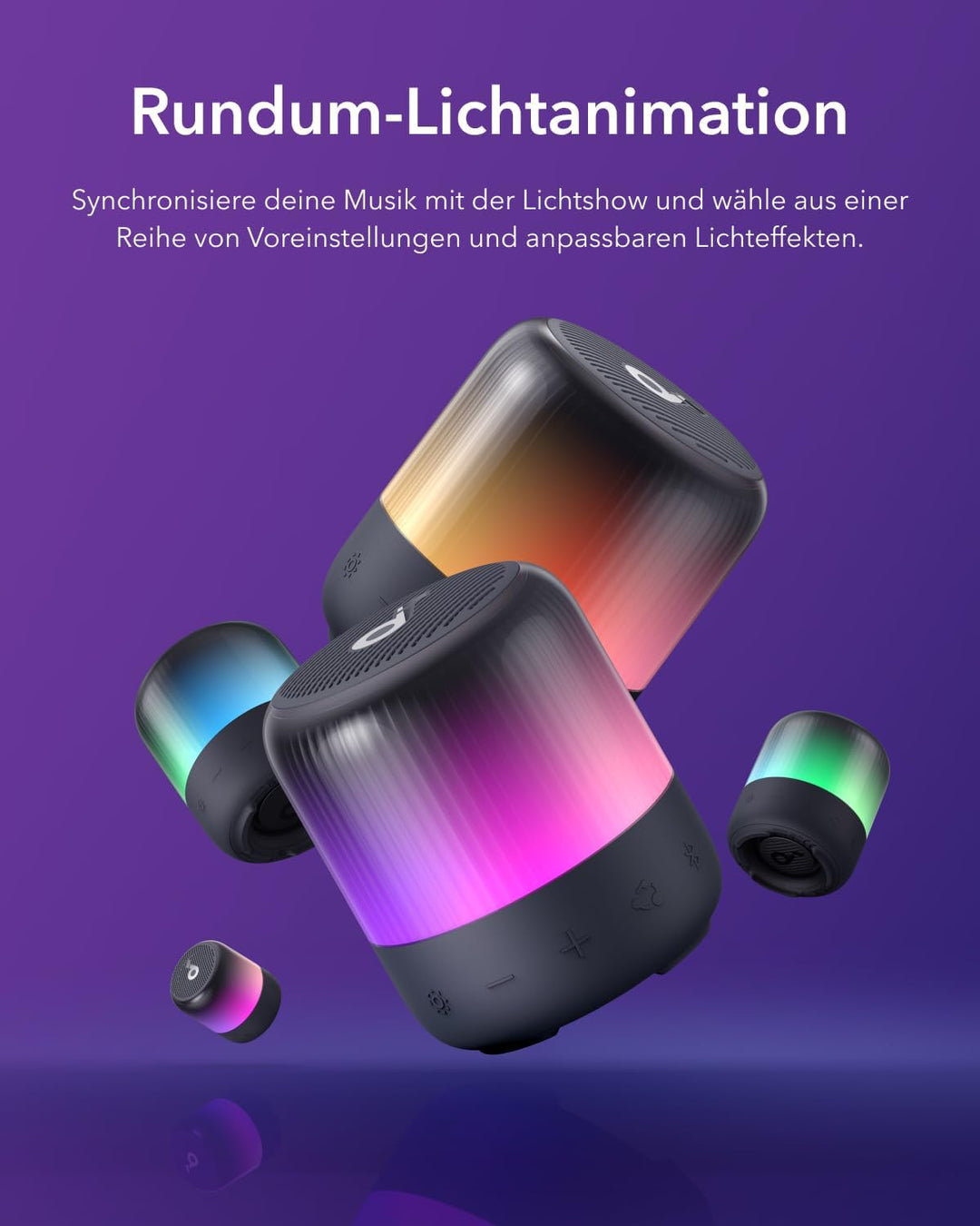 soundcore Glow Mini Speaker, Tragbarer Bluetooth-Lautsprecher, 360° Sound, Lichtshow, 12h Spielzeit,
