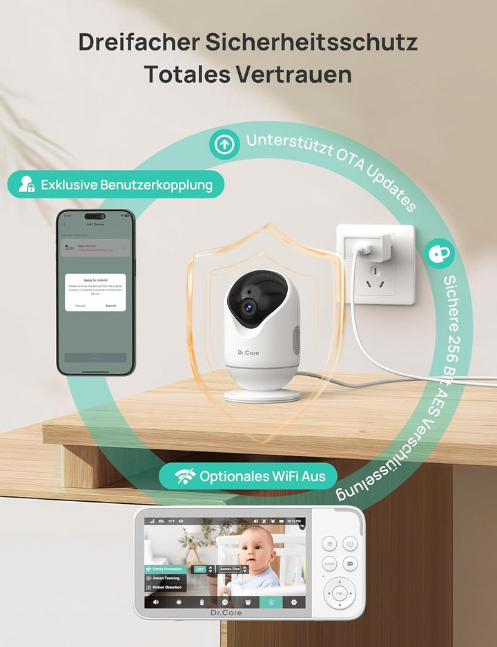 Dr.Care VistaView Smart WLAN Babyphone mit Kamera, 1080P HD, 2K Kamera, App-Steuerung, Bewegungs- &amp;