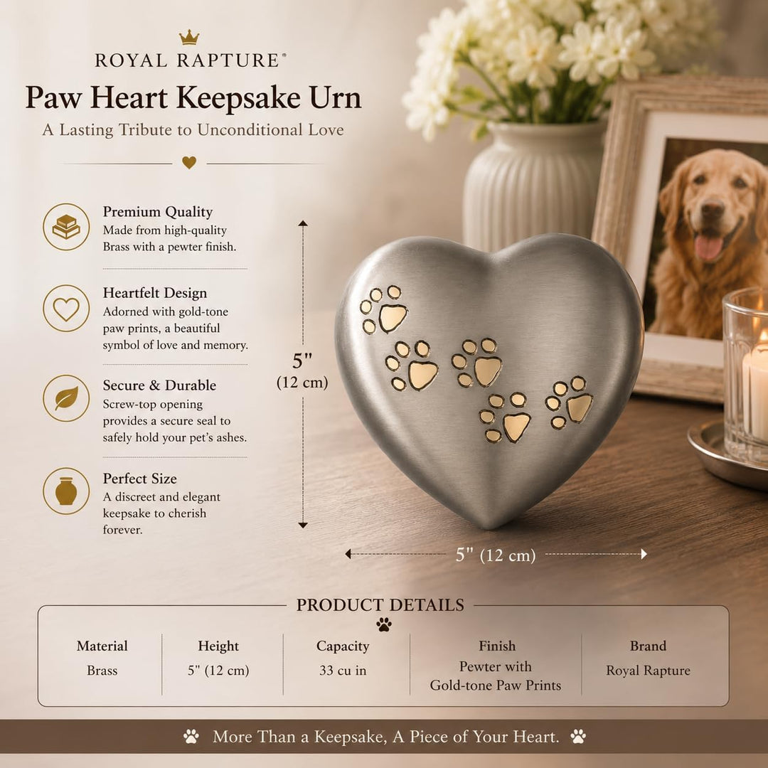 Urn for Ashes Paw Heart Funeral Cremation Memorial Keepsake Pet Dog Cat |Without Stand (Pewter 5") R