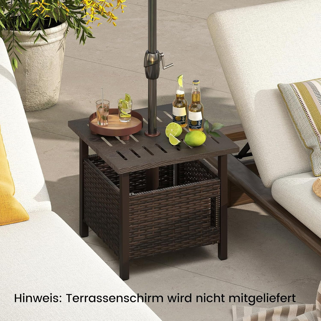 COSTWAY Beistelltisch Outdoor wetterfest, Rattan Gartentisch mit Schirmloch und 2 Sandsäcken, Kleine