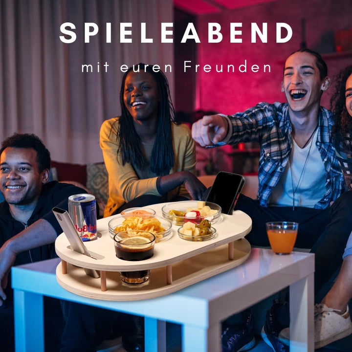 Couchbar Snackbox in weiss mit 4 Glasschalen - Sofabar für Snacks und Getränke - Getränkehalter für