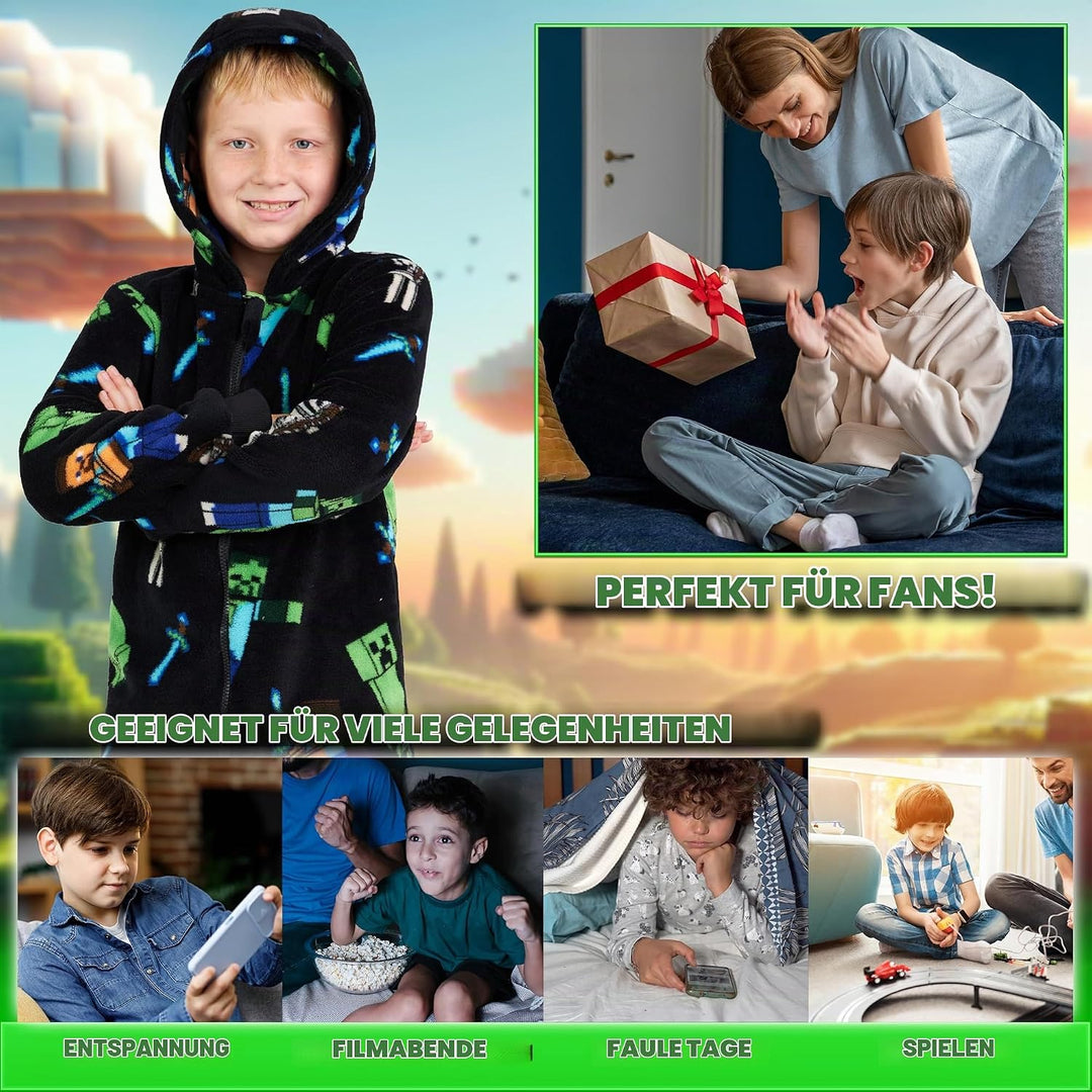 Minecraft Onesie Creeper Fleece Jumpsuit Sleepsuit Gamer Geschenk Schlafoverall mit Kapuze für Junge