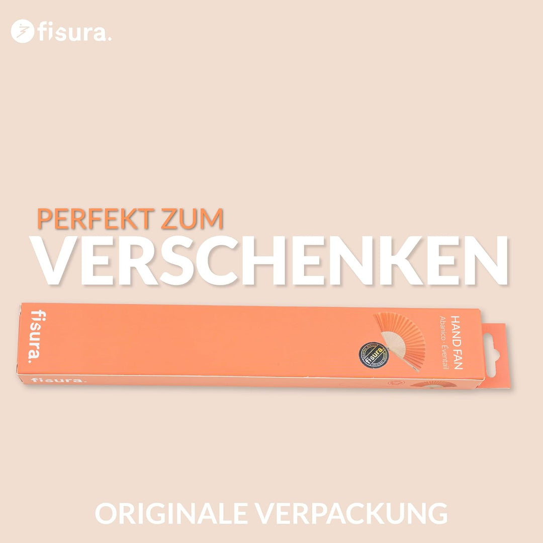 FISURA – Pfirsich-oranger Handfächer Moderner und lustiger Holzfächer. Origineller Fächer für den So