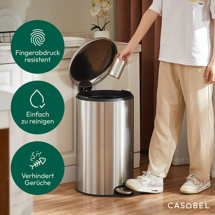 CASABEL Mülleimer Küche 50L - 100% Edelstahl, Resistent gegen Fingerabdrücke, Runder Treteimer mit F