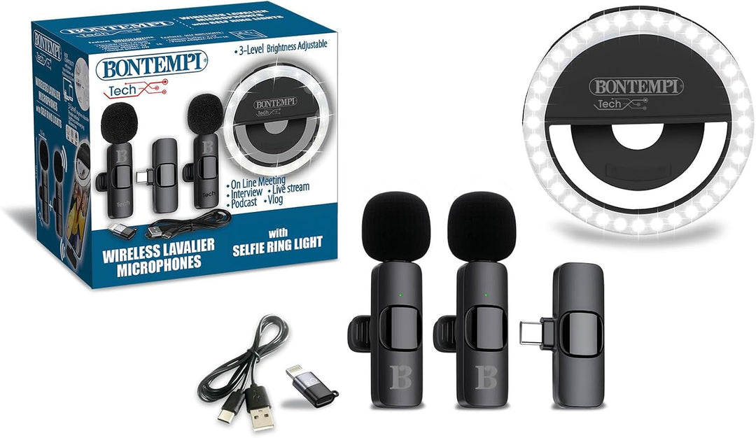Bontempi | 2 Drahtlose Lavalier-Mikrofone mit Ring Light, Kompatibel mit Smartphone, Tablet, Laptop,