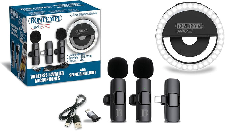 Bontempi | 2 Drahtlose Lavalier-Mikrofone mit Ring Light, Kompatibel mit Smartphone, Tablet, Laptop,