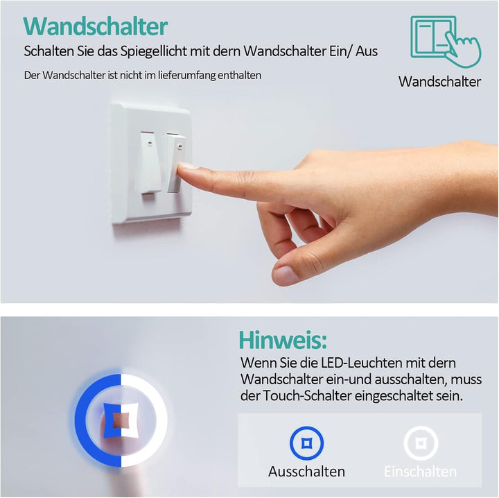 EMKE Badspiegel Rund Schwarz 60 cm, Badspiegel mit Beleuchtung und Touchschalter, 3 dimmbare Lichtfa