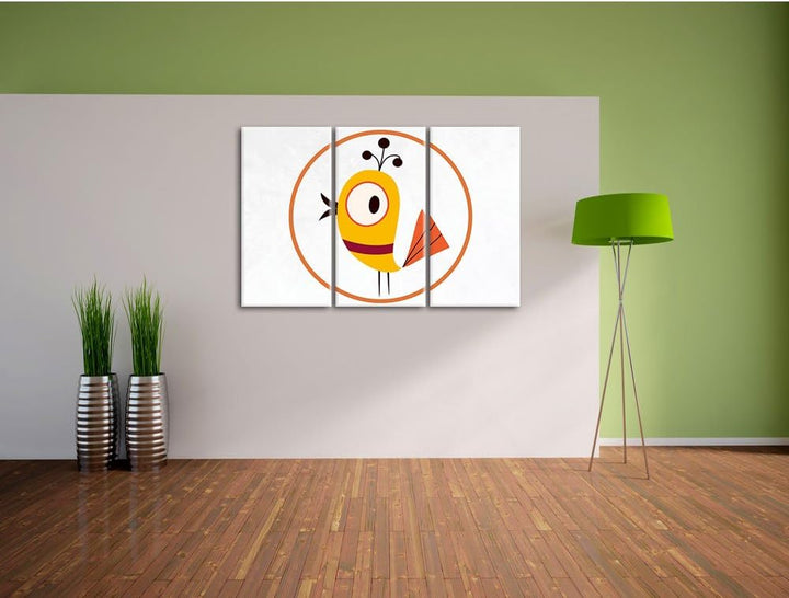 Pixxprint Lustiger Vogel in Kreis als Leinwandbild/Grösse: 3 Teilig (120x80) cm/Wandbild/Kunstdruck/