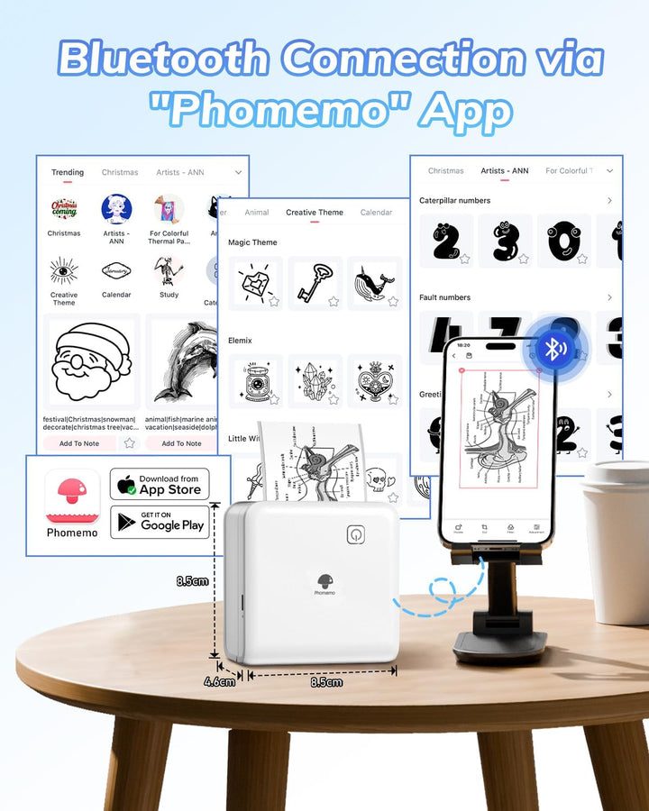 Phomemo Mini Drucker für Smartphone, Aufgerüstet 300 DPI Mini Thermodrucker P2S Sofortbilddrucker fü