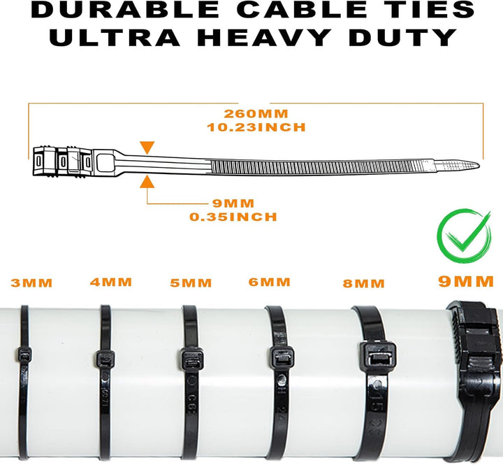 9 * 260mm Doppelsperre Kabelbinder Lang Set Schwarz Nylon UV Beständig Grosser Kabelbinder für Kabel