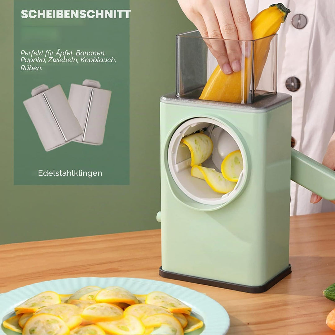 Rotierende Kartoffelreibe Küche Mandoline 3 in 1. Gemüseschneidetrommel, 3 Edelstahlklingen. Käserei