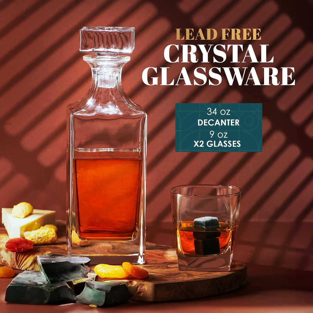 Whisky Geschenkset – Whiskey Gläser, Karaffe, Steine, Eiszange, Untersetzer, Holzkiste, Samtbeutel,