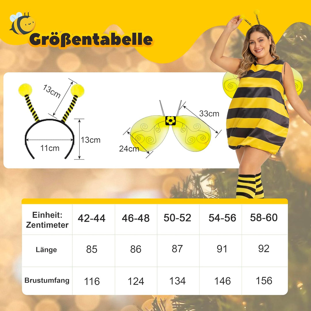 cuteDIY Grosse Grössen Bienenkostüm Erwachsene Bienen Kostüm Damen 42-60, Bienenkostüm Kinder 92-140