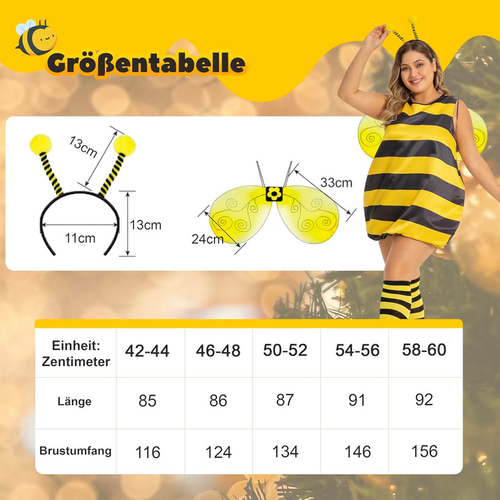 cuteDIY Grosse Grössen Bienenkostüm Erwachsene Bienen Kostüm Damen 42-60, Bienenkostüm Kinder 92-140