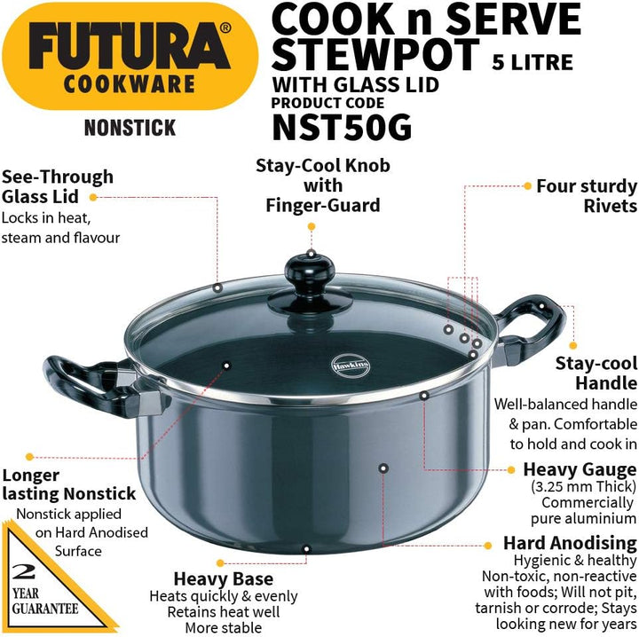 Hawkins Futura Non-Stick Stewpot with Glass Lid, 5 Litres