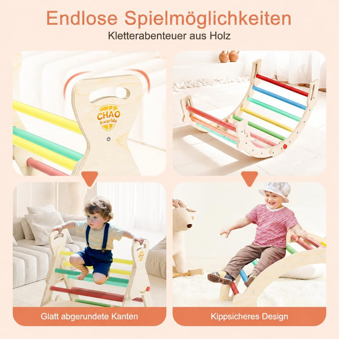 Pikler Dreieck 8-in-1 klappbar, Montessori Klettergerüst Indoor aus Holz mit Rutsche, Kletterbogen u