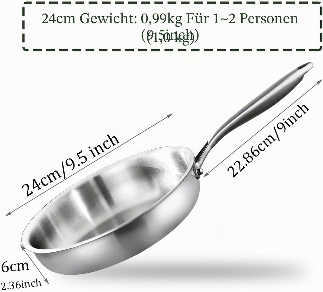 Dreilagige Bratpfanne Edelstahl 24cm,18,10 Edelstahl,Induktion, Backofenfest bis 315°C, Bratrostsich