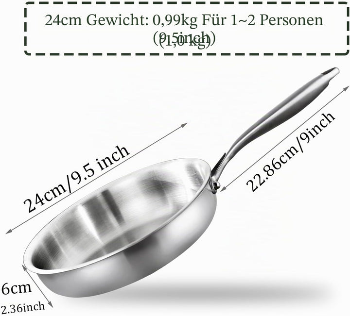 Dreilagige Bratpfanne Edelstahl 24cm,18,10 Edelstahl,Induktion, Backofenfest bis 315°C, Bratrostsich