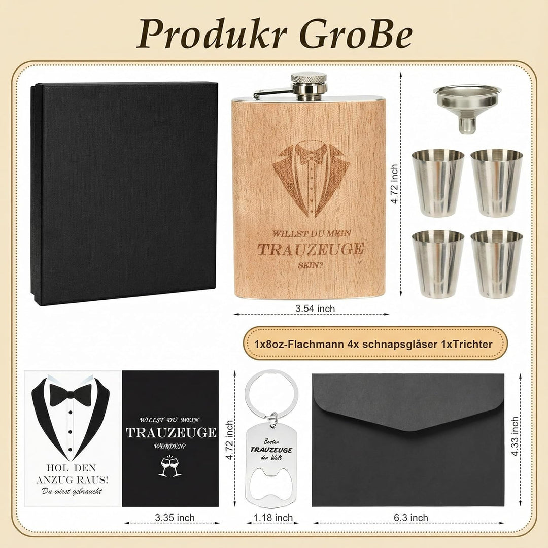 Flachmann Geschenkset 8oz mit Gravur – Edelstahl Flachmann, 4 Becher, Trichter & Geschenkbox für Tra