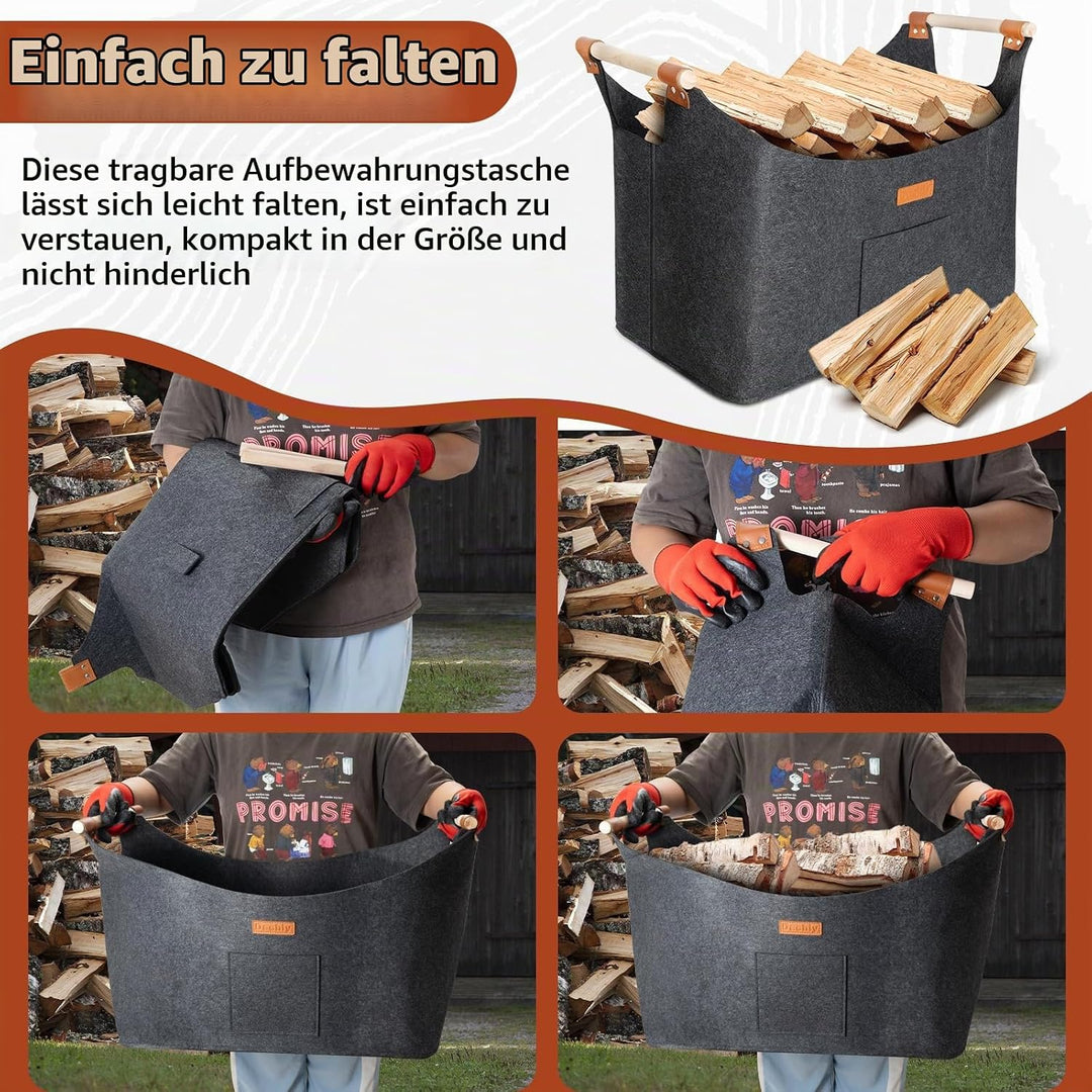 Faltbarer Holzkorb Filztasche 50 x 32 x 40 cm 70L, Korb Aus Brennholz Mit Griff, Extra Dicker Filzko